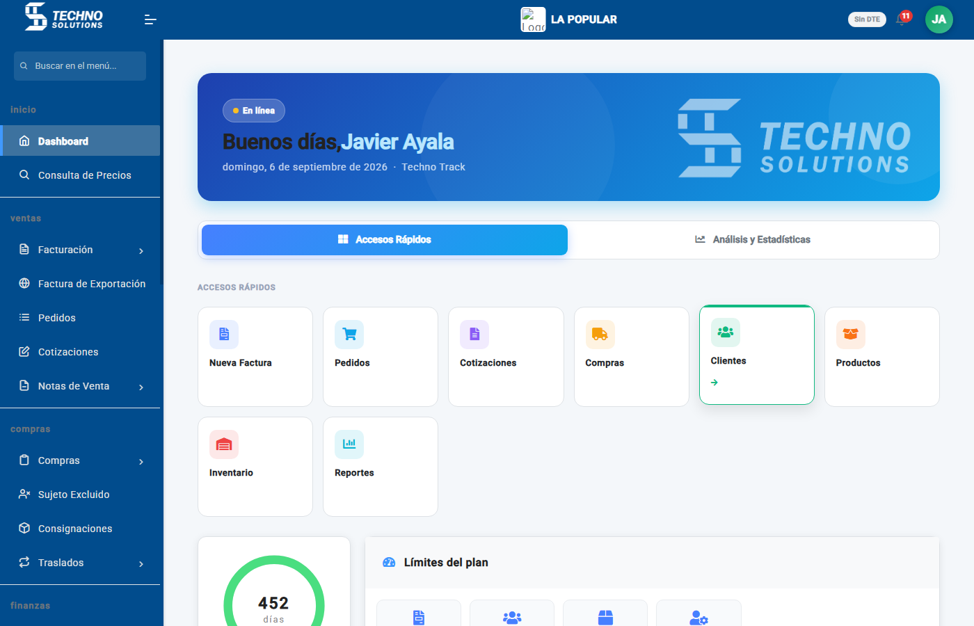 Dashboard de TecnoTrack con ventas del mes, facturas emitidas y stock